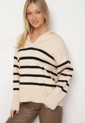 Czarno-Beżowy Sweter Ozdobiony Paskami i Kołnierzykiem Arsena. Czarne swetry damskie Born2be, s, bez wzorów, z jeansu, biznesowe, bez kołnierzyka, bez ramiączek, bez kaptura. Za 99.99 zł.