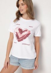 Biały T-shirt z Ozdobnym Nadrukiem Palithiela. Białe bluzki damskie Born2be, l, bez wzorów, z jeansu, klasyczne, bez kołnierzyka. Za 29.99 zł.