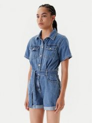 Morgan Kombinezon 251-SHELOR Niebieski Slim Fit. Niebieskie sukienki damskie Morgan, bez wzorów, z bawełny, bez kołnierzyka, bez ramiączek. Za 299.99 zł.