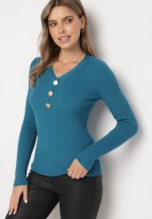 Niebieski Sweter z Bawełną z Prążkowanego Materiału Ozdobiony Guzikami Zinfera. Niebieskie swetry damskie Born2be, uniwersalny, bez wzorów, z bawełny, klasyczne, bez kołnierzyka, bez ramiączek, bez kaptura. Za 44.99 zł.