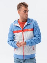 Kurtka męska wiatrówka z kapturem - niebieska V2 - Rozmiar: XL. Niebieskie kurtki męskie Ombre Clothing, m, bez wzorów, z kapturem. W wyprzedaży za 49.99 zł.
