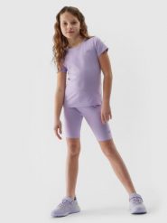 4F Legginsy kolarki dzianinowe dziewczęce - jasny fiolet 122/128 (6-8 lat). Fioletowe legginsy dla dziewczynek 4f, bez wzorów, z bawełny, krótkie. W wyprzedaży za 19.99 zł.