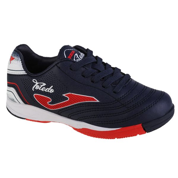 Buty halowe - halówki chłopięce, Joma Toledo Jr 2203 IN. Niebieskie buty sportowe chłopięce Joma, bez wzorów, bez zapięcia, do piłki nożnej. Za 89.99 zł.