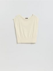 Bluzka z wiskozą - kremowy. Białe bluzki damskie Reserved, l, bez wzorów, z dzianiny, bez kołnierzyka, bez ramiączek. Za 79.99 zł.