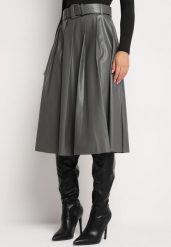 Szara Rozkloszowana Spódnica Preppy Plisowana z Wysokim Stanem z Ekoskóry z Paskiem Irivale. Szare spódnice damskie Born2be, s, bez wzorów, eleganckie, z podwyższonym stanem, midi, dopasowane. Za 79.99 zł.