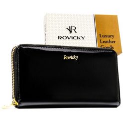 Czarny portfel-piórnik damski z lakierowanej skóry naturalnej wyposażony w system RFID - Rovicky. Czarne portfele damskie ROVICKY, bez wzorów, ze skóry. Za 99.99 zł.