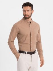 Lniana koszula męska ze stójką i kieszenią REGULAR FIT – jasnobrązowa V7 - Rozmiar: S. Brązowe koszule męskie Ombre Clothing, bez wzorów, z bawełny. W wyprzedaży za 164.99 zł.