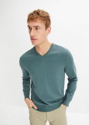 Cienki sweter z miękkiej mieszanki bawełny. Zielone swetry przez głowę męskie bonprix, m, bez wzorów, z bawełny, bez kołnierzyka. Za 79.99 zł.
