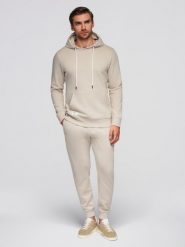 Męski bawełniany komplet dresowy bluza kangurka + spodnie joggery - jasnobeżowy V1 - Rozmiar: XL. Brązowe bluzy męskie Ombre Clothing, m, z aplikacjami, z bawełny. Za 339.99 zł.