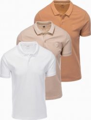 Komplet bawełnianych t-shirtów męskich polo BASIC biały/cielisty/jasnobrązowy V6 OM-POBS-0133 XXL. Białe koszulki polo męskie Ombre, m, bez wzorów, z bawełny, bez ramiączek. Za 376.71 zł.