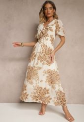 Jasnobeżowa Rozkloszowana Sukienka z Wiązaniem w Kwiatowy Wzór Jeloiti. Brązowe sukienki damskie Renee, na co dzień, l, bez wzorów, eleganckie, bez kołnierzyka, bez ramiączek, maxi, proste. Za 74.99 zł.