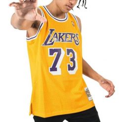 Koszulka męska do koszykówki Mitchell & Ness LA Lakers NBA Jersey Dennis Rodman. Żółte koszulki sportowe męskie Mitchell & Ness, m, bez wzorów, z jersey, bez kołnierzyka, bez ramiączek, do koszykówki. Za 559.00 zł.