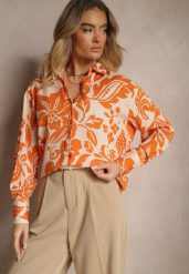 Pomarańczowa Koszula Oversize w Kwiatowy Print Boinea. Brązowe bluzki damskie Renee, l, z aplikacjami, bez kołnierzyka, bez ramiączek. Za 44.99 zł.