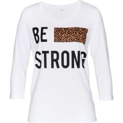 T-shirt bonprix biały z nadrukiem. Białe bluzki damskie bonprix, z aplikacjami, bez kołnierzyka, bez ramiączek. Za 37.99 zł.