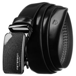 Skórzany pasek męski w czarnym kolorze z automatyczną, srebrną klamrą - Peterson. Czarne paski damskie Peterson, bez wzorów, ze skóry. Za 129.00 zł.