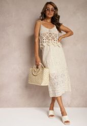 Beżowa Ażurowa Spódnica z Gumką w Talii o Trapezowym Kroju Tiamaz. Brązowe spódnice damskie Renee, w ażurowe wzory, z bawełny, eleganckie, midi, proste. Za 99.99 zł.