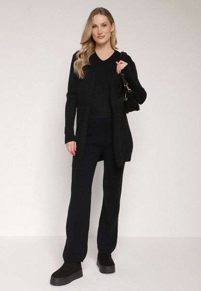 Czarny Komplet Dzianinowy z Bawełną Spodnie Kamizelka i Długi Kardigan Meviravia. Czarne kardigany damskie Born2be, bez wzorów, z bawełny. Za 139.99 zł.