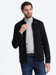 Bluza męska rozpinana ze stójką - czarna V5. Czarne bluzy męskie Ombre Clothing, m, bez wzorów, z bawełny, bez kaptura. W wyprzedaży za 59.99 zł.