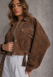 Brązowa Kurtka Utility Cropped z Imitacji Zamszu z Suwakami i Paskiem w Talii Gleania. Brązowe kurtki damskie Renee, l, bez wzorów, z koronki, bez kaptura. Za 219.99 zł.