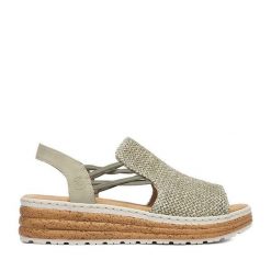 Sandały Rieker. Zielone sandały damskie Rieker, bez wzorów, bez obcasa, na koturnie, bez zapięcia. Za 319.99 zł.