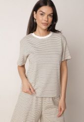 Kremowo-Czarny Klasyczny T-shirt z Bawełny o Prostym Kroju Phemeni. Brązowe bluzki damskie Born2be, l, bez wzorów, z bawełny, eleganckie, bez kołnierzyka, bez ramiączek. Za 59.99 zł.