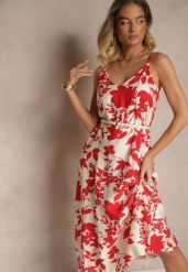 Czerwona Sukienka z Wiskozą o Rozkloszowanym Kroju w Kwiaty Thirimi. Czerwone sukienki damskie Renee, na co dzień, l, bez wzorów, z wiskozy, eleganckie, bez kołnierzyka, bez ramiączek, maxi, rozkloszowane. Za 49.99 zł.