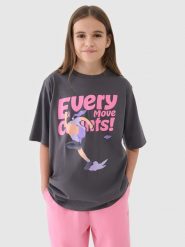4F T-shirt oversize z nadrukiem dziewczęcy - szary 146 (10-11 lat). Szare t-shirty i topy dla dziewczynek 4f, bez wzorów, z bawełny, bez ramiączek. W wyprzedaży za 19.99 zł.