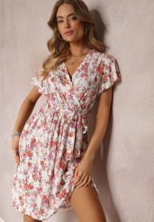 Biała Wiskozowa Sukienka Midi w Kwiaty z Gumką w Pasie i Materiałowym Paskiem Aidenia. Białe sukienki damskie Renee, l, bez wzorów, z materiału, bez kołnierzyka, bez ramiączek, midi, kopertowe. Za 44.99 zł.
