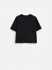 T-shirt z bawełną - czarny. Czarne t-shirty damskie Reserved, l, bez wzorów, z bawełny, klasyczne, bez kołnierzyka. Za 59.99 zł.