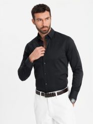 Klasyczna koszula męska SLIM FIT z satynowej tkaniny – czarna V4 - Rozmiar: S. Czarne koszule męskie Ombre Clothing, l, bez wzorów, z bawełny, biznesowe, bez kołnierzyka, bez ramiączek. W wyprzedaży za 89.99 zł.