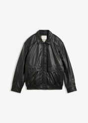 Kurtka bomberka oversize ze skóry jagnięcej nappa. Brązowe płaszcze damskie bonprix, bez wzorów, ze skóry, bez kaptura. Za 689.99 zł.