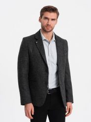 Męska marynarka casual z ozdobnym pinem na klapie - grafitowy melanż V2. Szare marynarki męskie Ombre Clothing, bez wzorów, z poliesteru, casualowe. W wyprzedaży za 139.99 zł.
