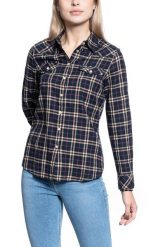 DAMSKA KOSZULA MATERIAŁOWA WRANGLER WESTERN CHECK SHIRT NAVY W5N1O9114 112130256. Niebieskie bluzki damskie Wrangler, s, bez wzorów, z materiału, bez kołnierzyka, bez ramiączek. Za 129.99 zł.