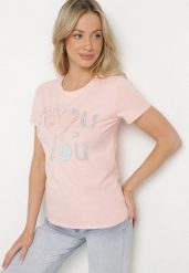 Różowy Bawełniany T-shirt z Sercem i Napisem Olirwenna. Czerwone bluzki damskie Born2be, m, bez wzorów, z bawełny, bez kołnierzyka. Za 34.99 zł.
