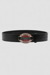DSQUARED2 Czarny pasek męski ze skóry z owalną klamrą, Rozmiar 85. Czarne paski damskie Dsquared2, bez wzorów, ze skóry. W wyprzedaży za 799.99 zł.