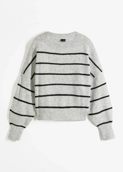 Sweter w paski o kroju oversize. Szare swetry damskie bonprix, bez wzorów, bez kołnierzyka, bez ramiączek, bez kaptura. Za 102.99 zł.
