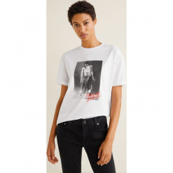 Mango - Top Jackson. Szare topy damskie Mango, z nadrukiem, z bawełny, z okrągłym kołnierzem, z krótkim rękawem. Za 69.90 zł.