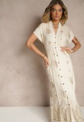 Beżowa Sukienka Koszulowa z Bawełną i Metaliczną Nicią Ullio. Brązowe sukienki damskie Renee, na co dzień, l, bez wzorów, z bawełny, eleganckie, bez kołnierzyka, bez ramiączek, maxi, kopertowe. Za 99.99 zł.