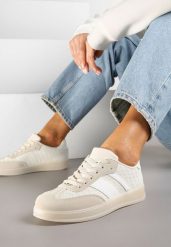 Beżowe Sneakersy w Stylu Tenisówek z Paskami Eleaniria. Brązowe obuwie sportowe damskie Renee, bez wzorów, z jeansu, tenisowe. Za 79.99 zł.