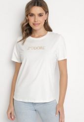 Biały Bawełniany T-shirt Ozdobiony Napisem Nalaviraen. Białe bluzki damskie Born2be, l, bez wzorów, z bawełny, eleganckie, bez kołnierzyka. Za 34.99 zł.