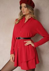 Czerwona Koszulowa Sukienka o Asymetrycznym Rozkloszowanym Kroju z Gumką w Talii Eloriana. Czerwone sukienki damskie Renee, na co dzień, bez wzorów, eleganckie, z asymetrycznym kołnierzem, bez ramiączek, mini, asymetryczne. Za 69.99 zł.