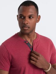 Ombre T-shirt męski z okrągłym rozpinanym dekoltem henley czerwony V1 OM-TSCT-0155 L. Czerwone t-shirty męskie Ombre, l, bez wzorów, bez kołnierzyka. Za 79.99 zł.