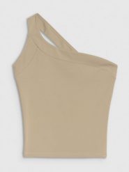4F Crop-top slim z asymetrycznym ramiączkiem damski - beżowy M. Brązowe koszulki sportowe damskie 4f, m, bez wzorów, z dzianiny, z asymetrycznym kołnierzem, bez ramiączek. W wyprzedaży za 19.99 zł.