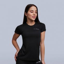 Koszulka damska fitness slim czarna TRN. Czarne koszulki sportowe damskie GYMBEAM, l, bez wzorów, z materiału, klasyczne, bez kołnierzyka. Za 67.90 zł.