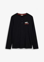 Bluzka z dekoltem henley z czystej bawełny organicznej. Czarne bluzki z długim rękawem męskie bonprix, m, bez wzorów, z bawełny, bez kołnierzyka. Za 69.99 zł.