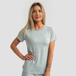 Koszulka damska fitness regular z krótkim rękawem eukaliptusowa Limitless. Zielone koszulki sportowe damskie GYMBEAM, uniwersalny, bez wzorów, z materiału, bez kołnierzyka, bez ramiączek, do biegania. Za 76.90 zł.