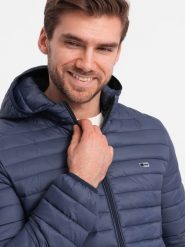 Kurtka męska Ombre Kurtka męska pikowana pakowana w worek - granatowa V1 OM-JALP-0156 L. Kurtki męskie Ombre, l, bez wzorów, bez kaptura. Za 269.99 zł.