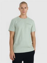 4F T-shirt regular z nadrukiem męski - turkusowy M. Niebieskie koszulki sportowe męskie 4f, m, bez wzorów, z bawełny, bez kołnierzyka, bez ramiączek. Za 59.99 zł.