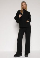Czarny Sweterkowy Komplet Sweter z Półgolfem i Szerokie Spodnie Alatusa. Czarne swetry damskie Born2be, l, bez wzorów, z dzianiny, bez kołnierzyka, bez ramiączek, bez kaptura. Za 139.99 zł.