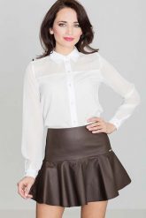 Brązowa Szykowna Mini Spódnica Wykończona Szeroką Falbanką. Brązowe spódnice damskie Katrus, l, bez wzorów, z elastanu, eleganckie, mini. Za 179.00 zł.